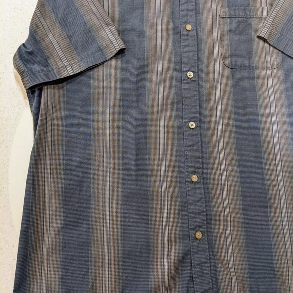 Van Heusen Mens Button down Short sleeve Blue tan stripe Shirt Large 16-16 1/2 - Picture 2 of 7